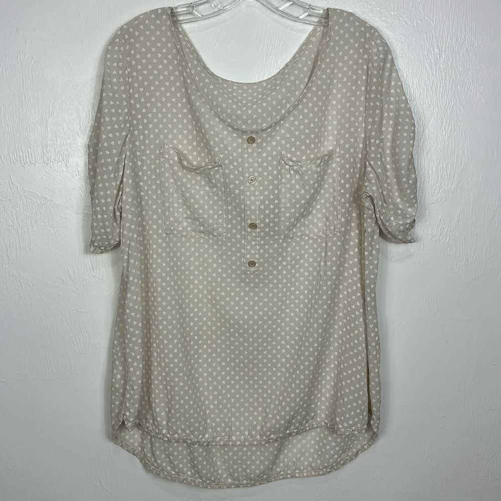 Cotton Blend Polka Dot/ Heart Print Short Sleeve Top Blouse With Pockets Size M